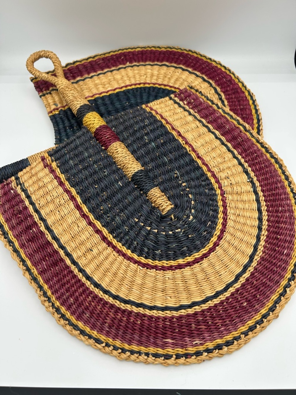 Set of 2 Handwoven Fan in Black, Mustard & Burgundy - Picture 7 of 8